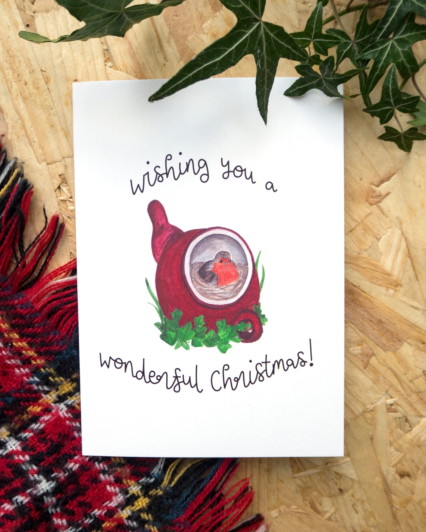 Robin in a Red Teapot Christmas Card